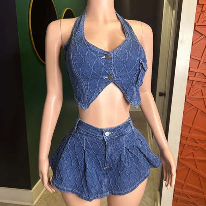 Women's Denim Halter Stretch Irregular Tank Two Piece Set