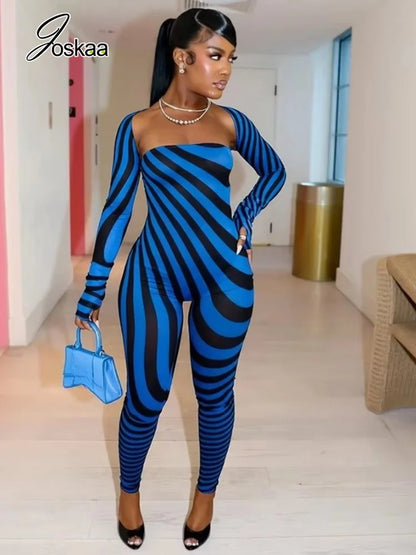 Women's Striped Strapless Long Sleeve Bodycon Two Piece Set - Front View