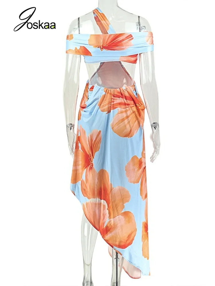 Women's Floral Print Backless Cutout One Shoulder Bodycon Dress - Detail View 4