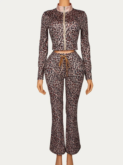 Women's Leopard Print Long Sleeve Crop Two Piece Set