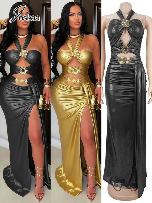 Women's Ruched Cutout Halter Bodycon Maxi Dress - Front View
