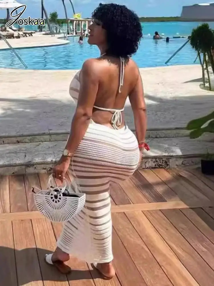 Women's Stripe Lace Knit Backless Bikini Set White – Side View
