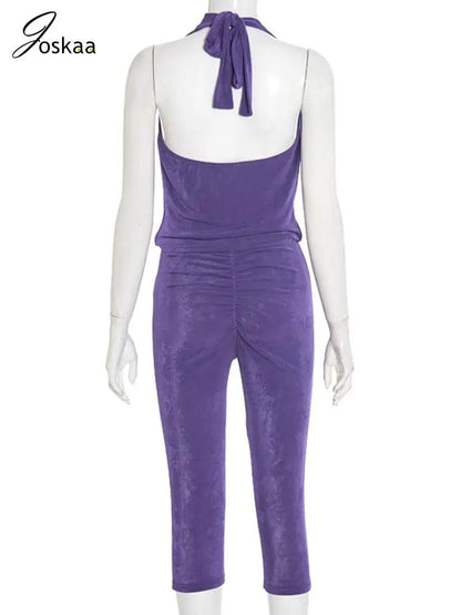 Women's Halter Crop Fall Cowl Neck Two Piece Set Purple – Detail View