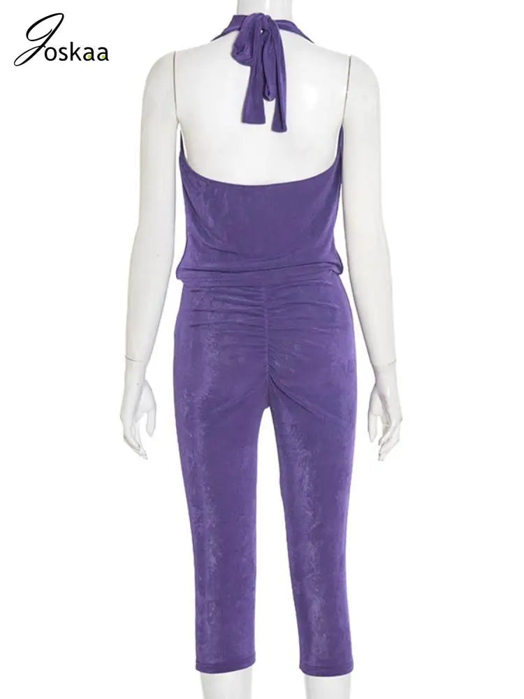 Women's Halter Crop Fall Cowl Neck Two Piece Set Purple – Detail View
