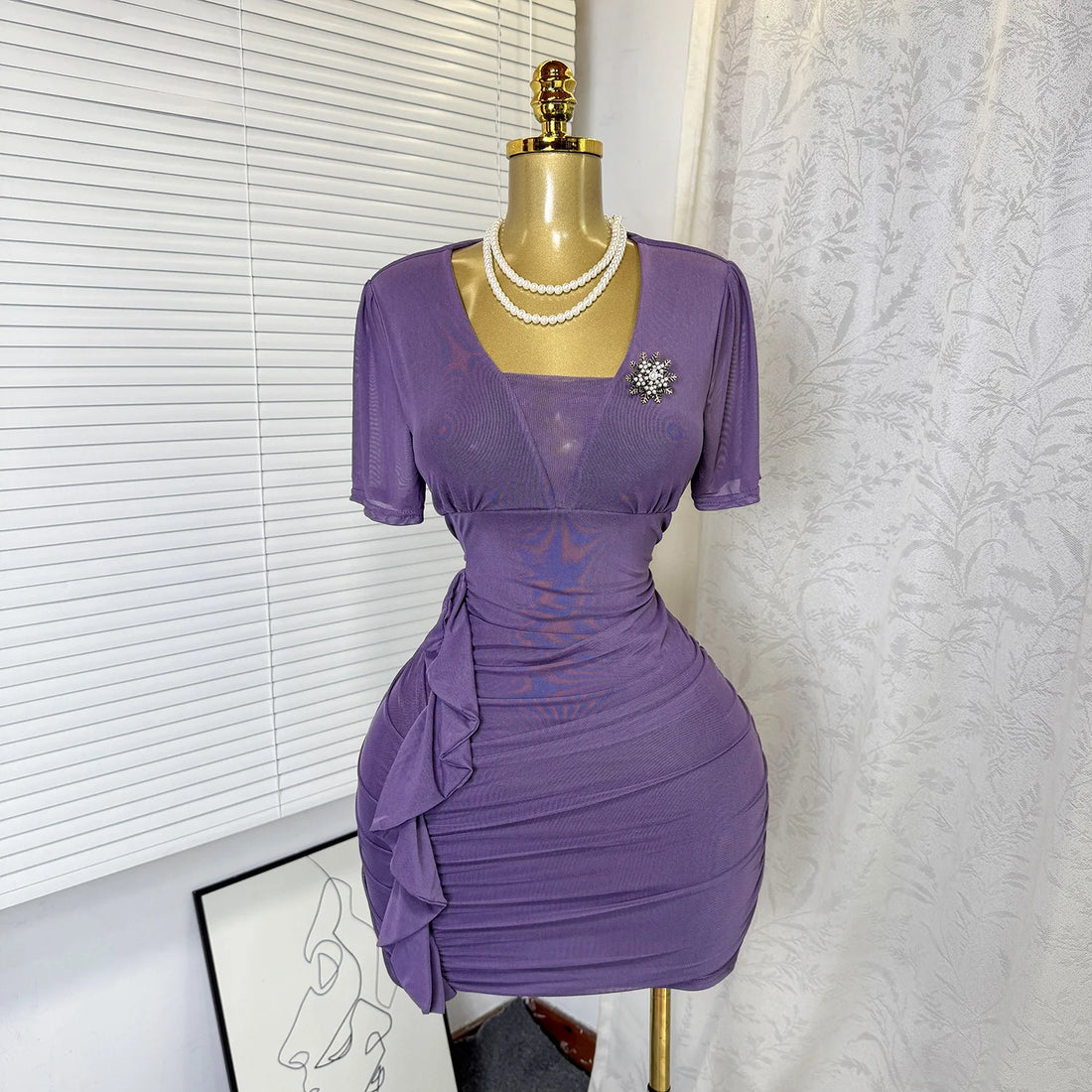 Women's Mesh Ruched Bodycon Mini Dress - Additional View 9