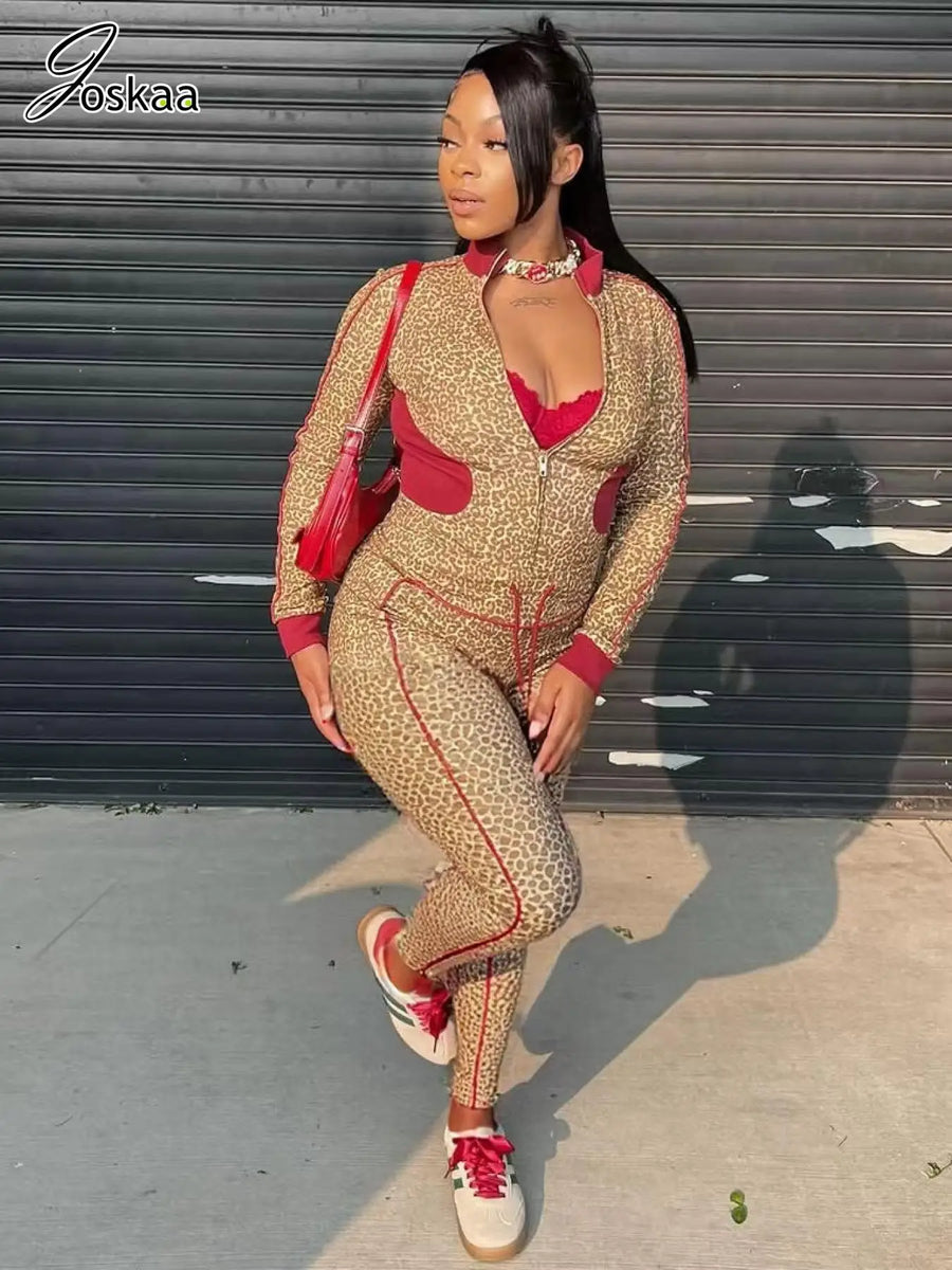 Women's Leopard Print Long Sleeve Two Piece Set Khaki – Back View