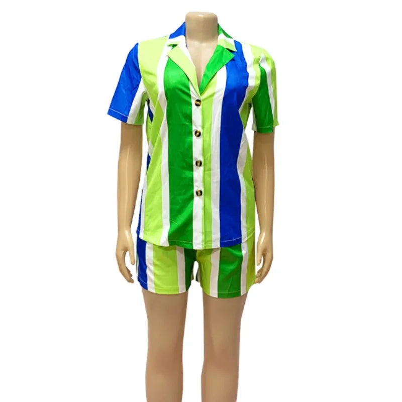 Women's Stripe Short Sleeve Two Piece Bikini Set