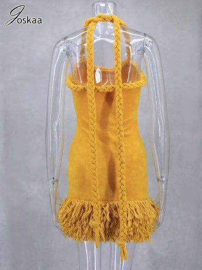 Women's Halter Bodycon Elegant Fluff Patchwork Mini Dress Sunflower – Detail View
