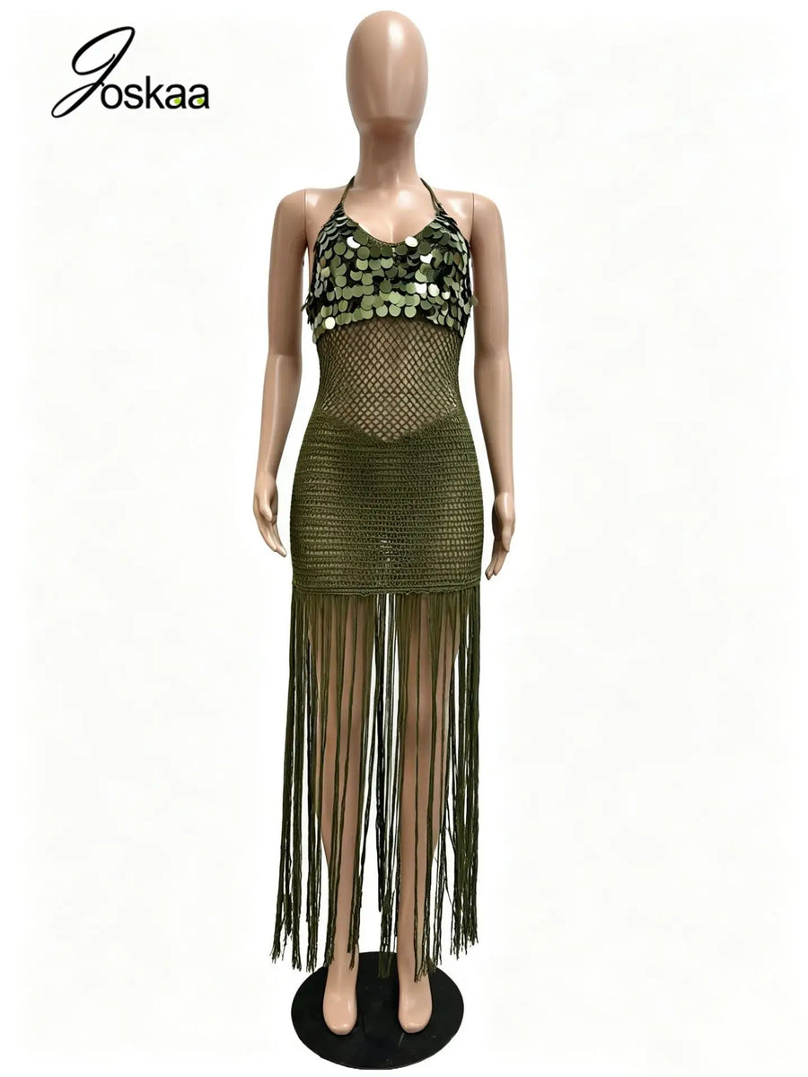 Women's Sequin Ribbed Knit Cutout Halter Bodycon Dress - Back View