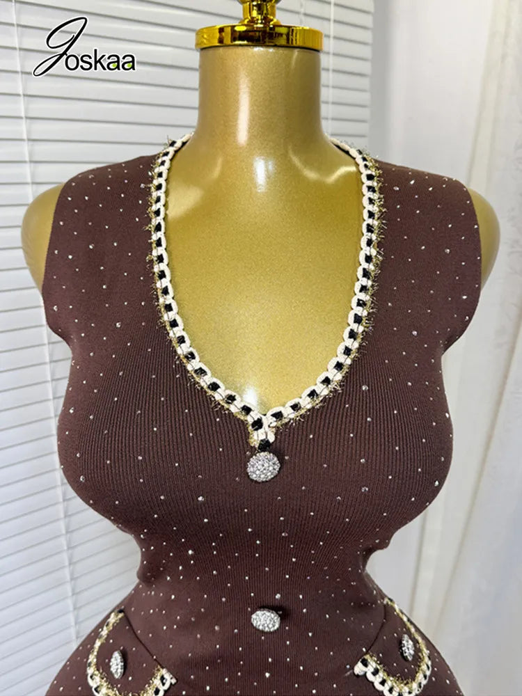 Women's Rhinestone Knit Sleeveless Mini Dress Coffee – Back View