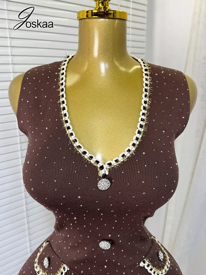 Women's Rhinestone Knit Sleeveless Mini Dress Coffee – Back View