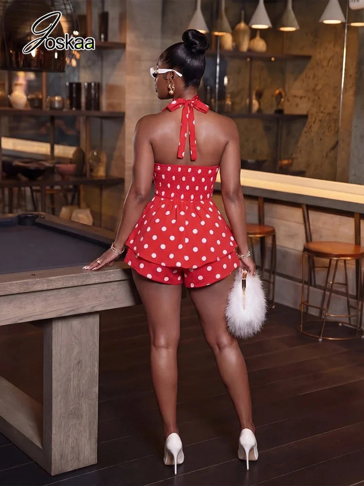 Women's Polka Dot Backless Halter Sleeveless Romper - Front View