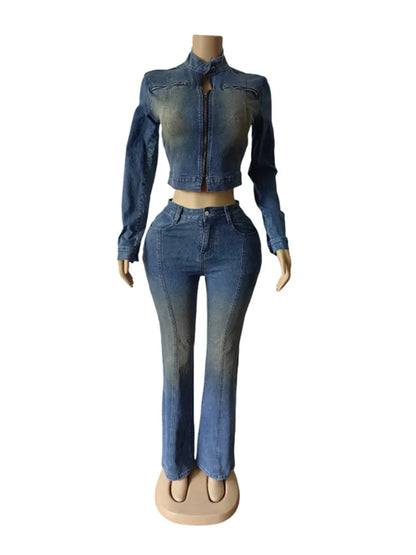 Women's Denim Long Sleeve Crop Two Piece Set Light Blue – Detail View