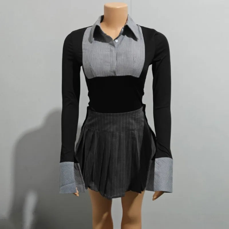 Women's Stripe Long Sleeve Mini Two Piece Set