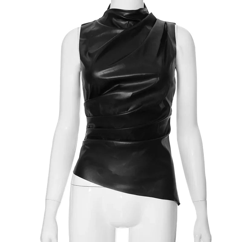 Women's Faux Leather Zip Stretch Vests Top