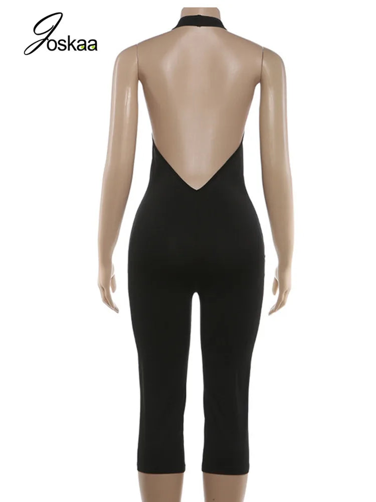Women's Backless Halter Sleeveless Romper Black – Detail View