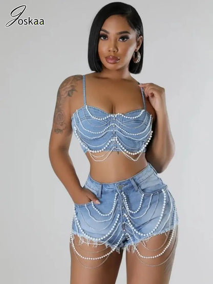 Women's Rhinestone Denim Crop Two Piece Set – Women's Fashion Wholesale – Front View