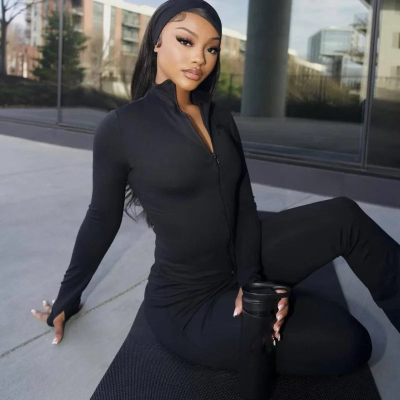 Women's Long Sleeve Crop Zip Two Piece Set