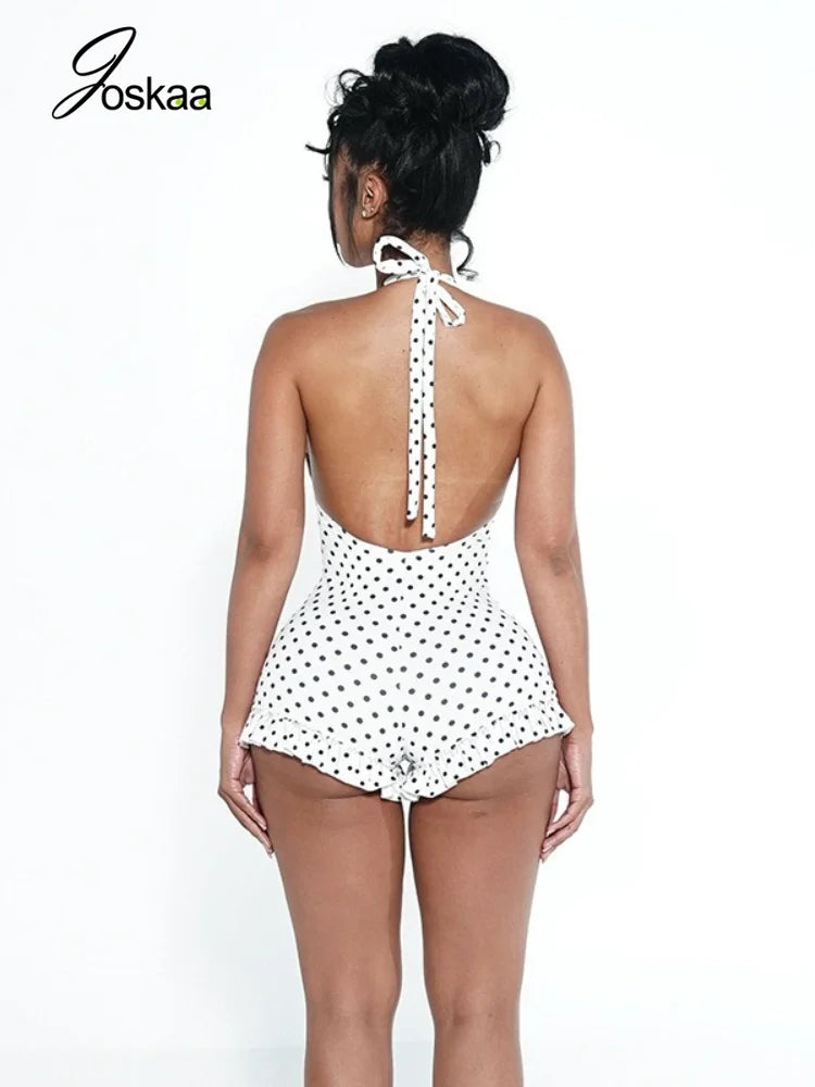 Women's Polka Dot Backless Halter Romper Green – Side View