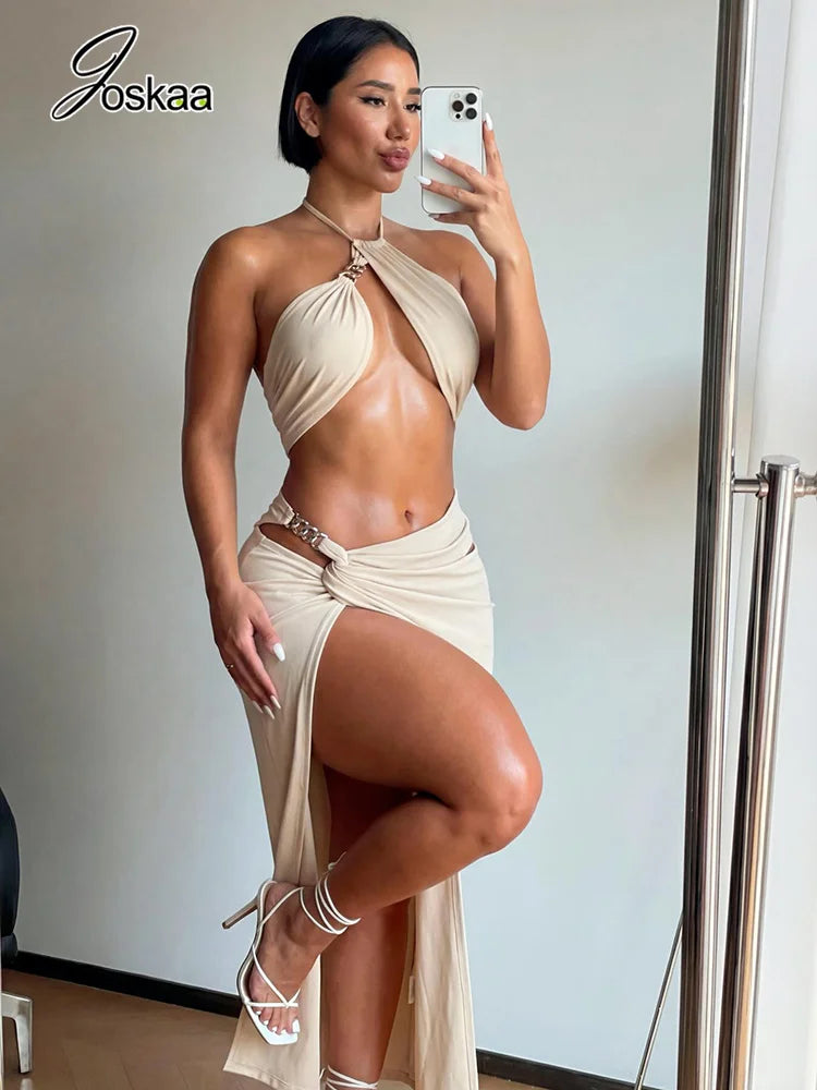 Women's Backless Halter Two Piece Bikini Set Apricot – Side View