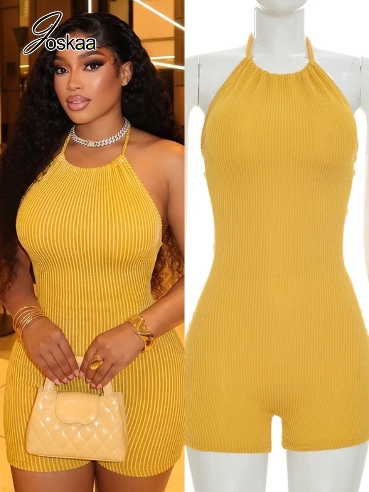 Women's Lace Knit Backless Halter Ribbed Romper – Women's Fashion Wholesale – Front View