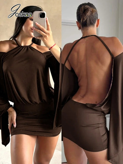 Women's Ruched Backless Halter Long Sleeve Mini Dress - Women's Fashion Wholesale - Front View