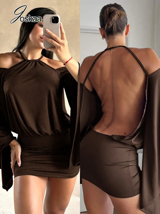 Women's Ruched Backless Halter Long Sleeve Mini Dress - Women's Fashion Wholesale - Front View
