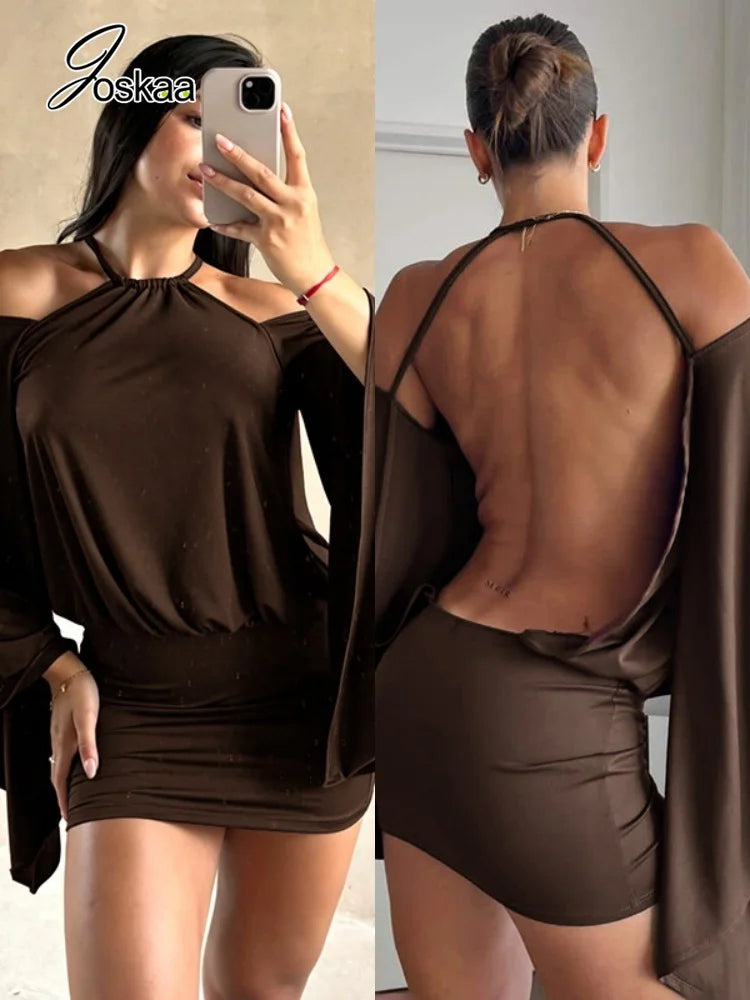 Women's Ruched Backless Halter Long Sleeve Mini Dress - Women's Fashion Wholesale - Front View