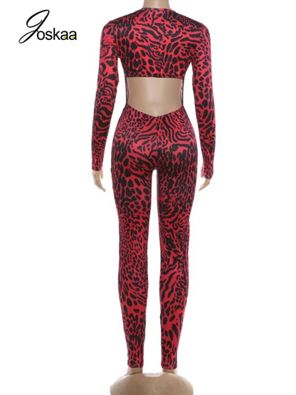 Women's Leopard Print Backless Long Sleeve Romper Red – Detail View