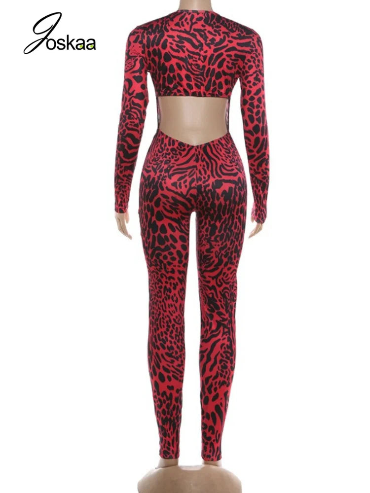 Women's Leopard Print Backless Long Sleeve Romper Red – Detail View