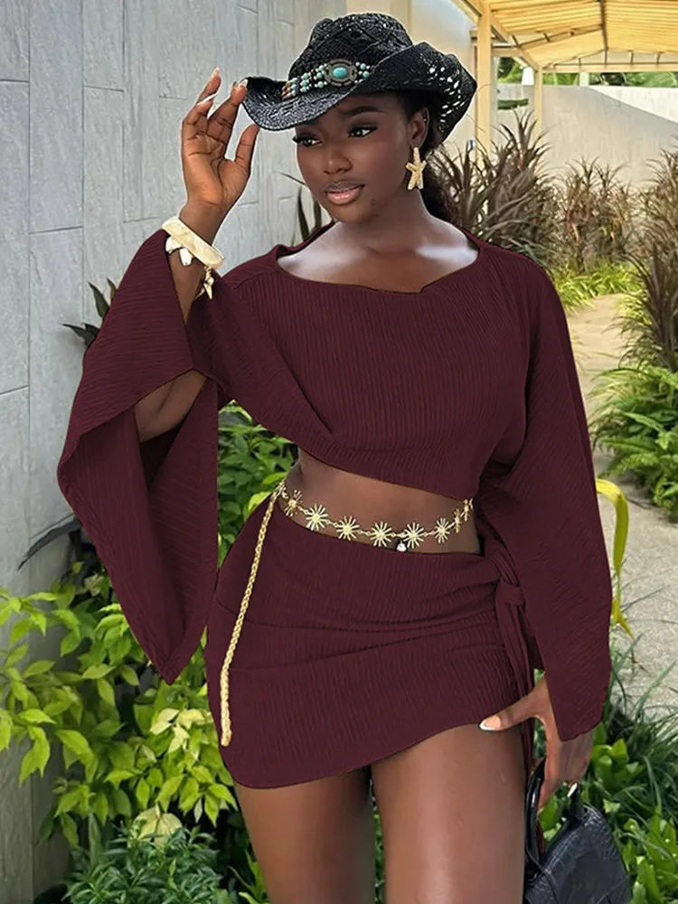 Women's Long Sleeve Crop Mini Two Piece Set