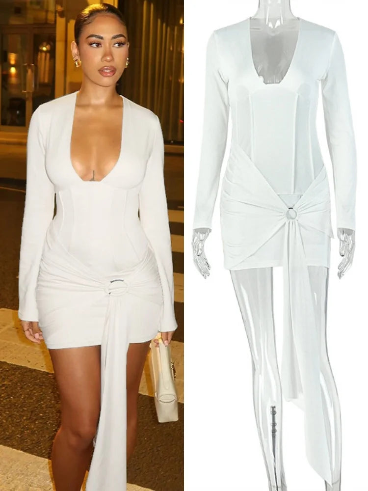 Women's Ruched V-neck Long Sleeve Bodycon Mini Dress White - Detail View 7