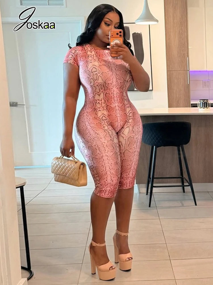 Women's Snake Print Backless Short Sleeve Romper Red – Front View