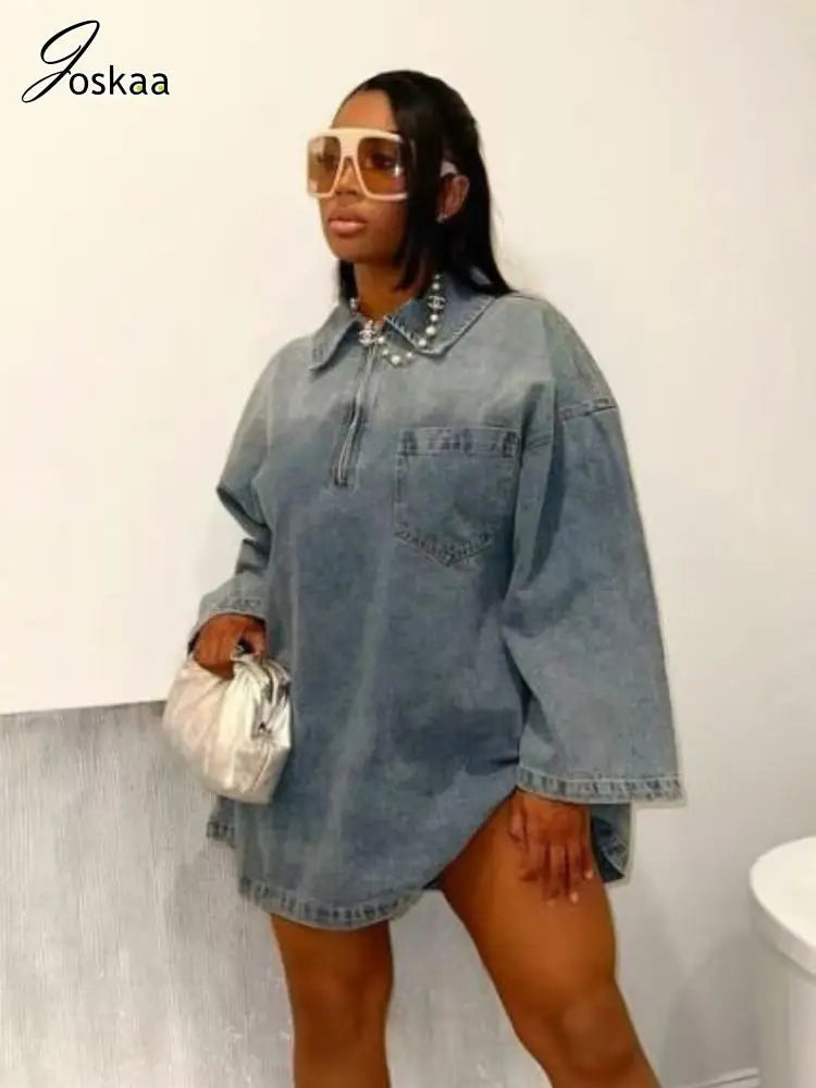 Women's Denim Long Sleeve Zip Mini Dress – Women's Fashion Wholesale – Front View