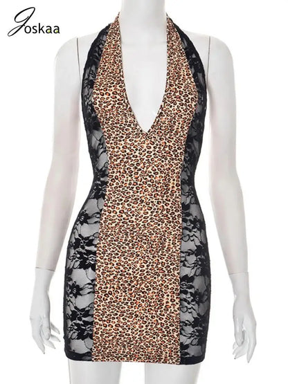 Women's Leopard Print Lace Backless Mini Dress Black – Back View
