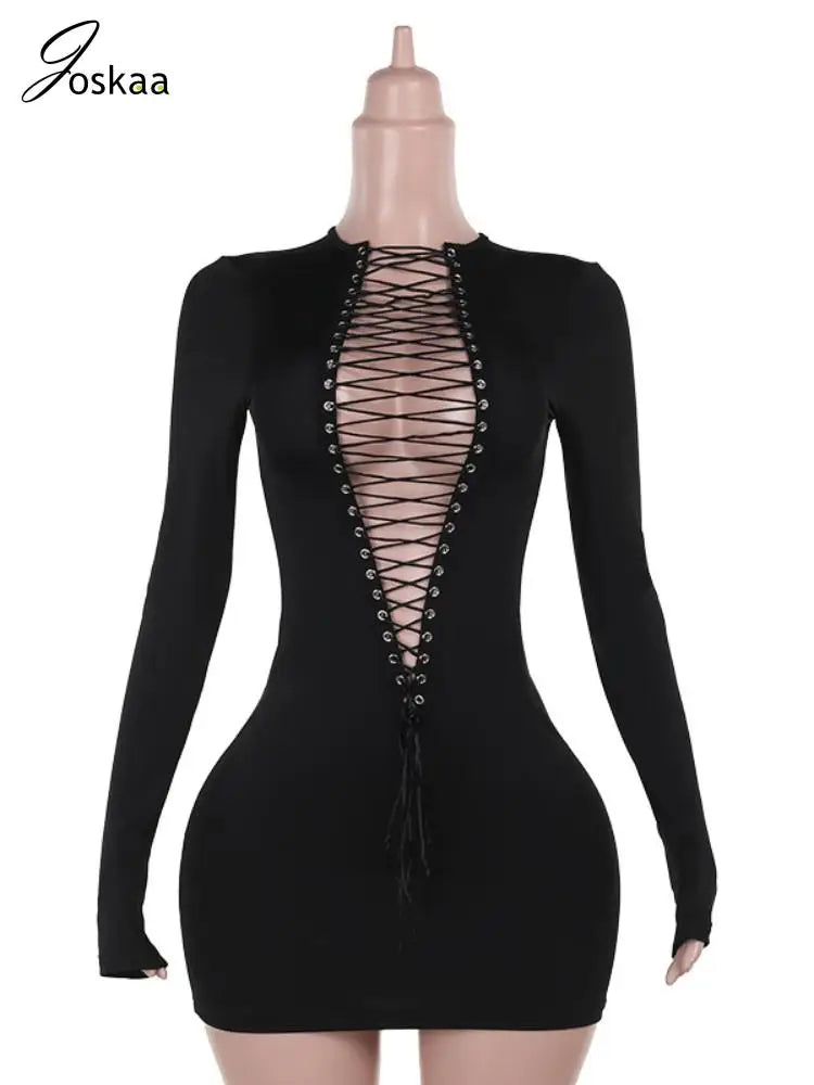 Wholesale Women's Cutout Long Sleeve Mini Dress Black Long Dress – Back View