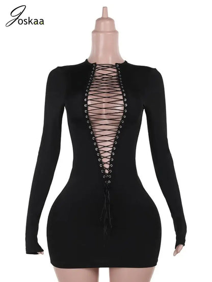 Wholesale Women's Cutout Long Sleeve Mini Dress Black Long Dress – Back View
