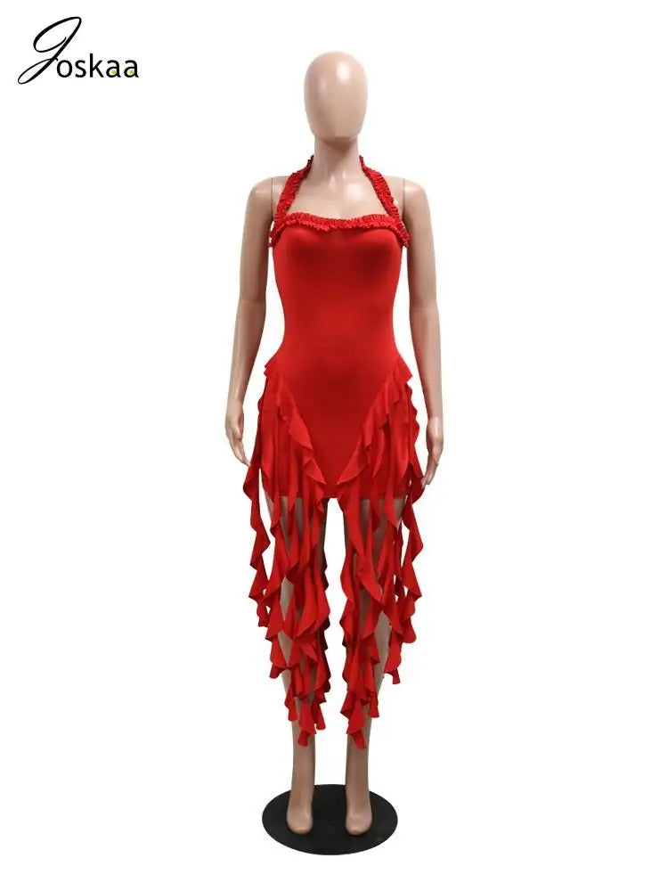 Women's Ruched Halter Solid Irregular Tassels Dress Orange – Back View
