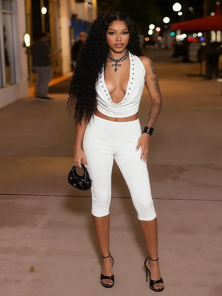 Women's Backless Cutout Sporty Metal Two Piece Set