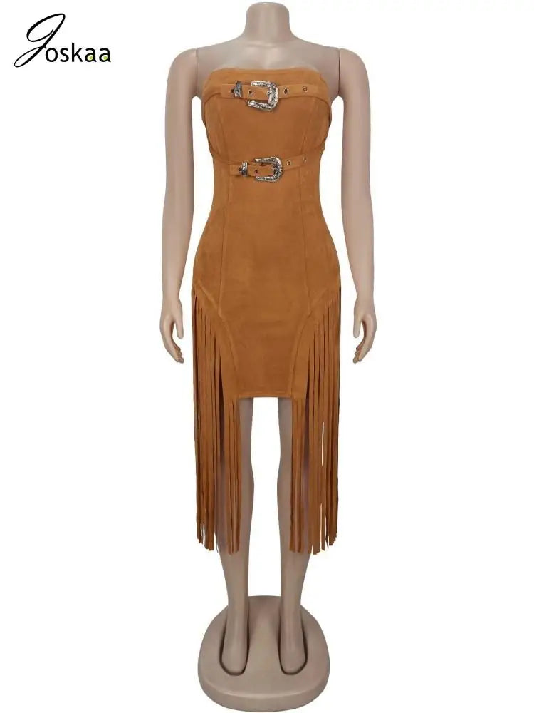 Women's Strapless Elegant Suede Fleece Bodycon Dress Light Brown – Back View