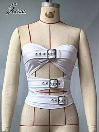 Women's Cutout Strapless Crop Two Piece Set White – Detail View