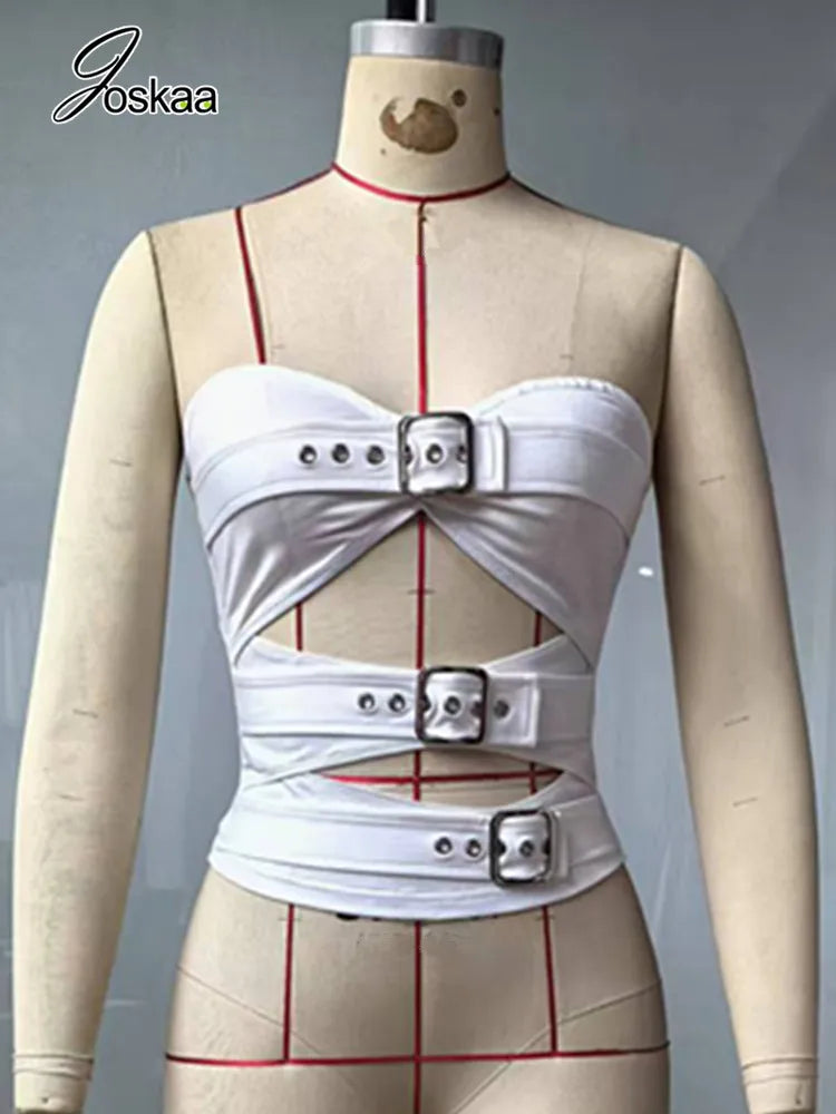 Women's Cutout Strapless Crop Two Piece Set White – Detail View