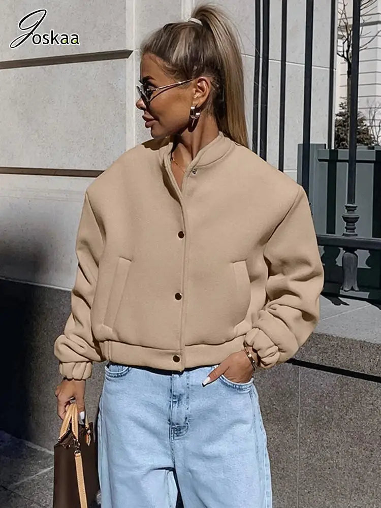Women's Long Sleeve Bomber Warm Wool Jacket Khaki – Side View