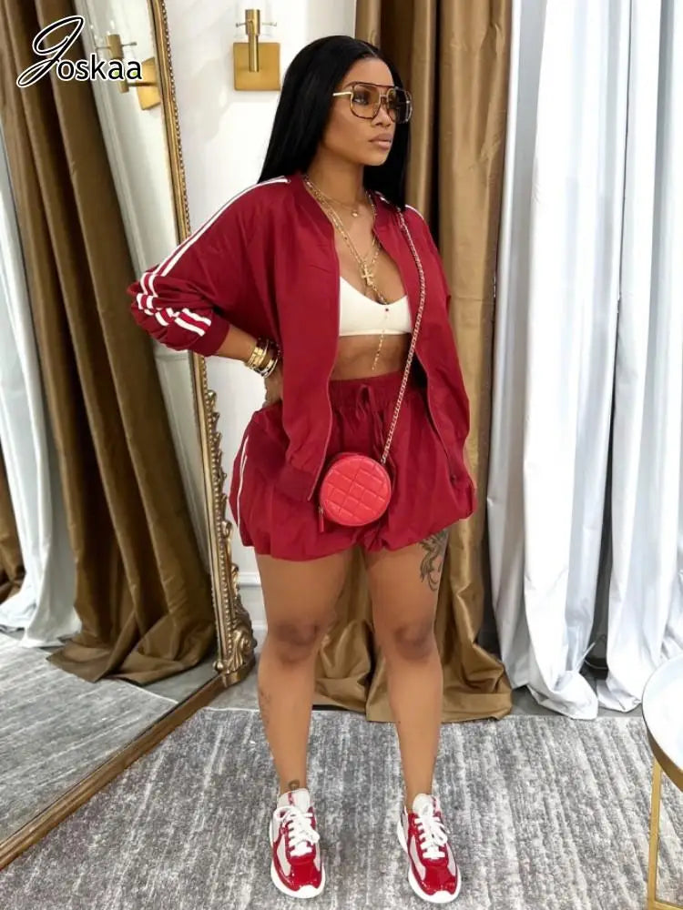 Women's Stripe Long Sleeve Mini Two Piece Set Coffee – Front View