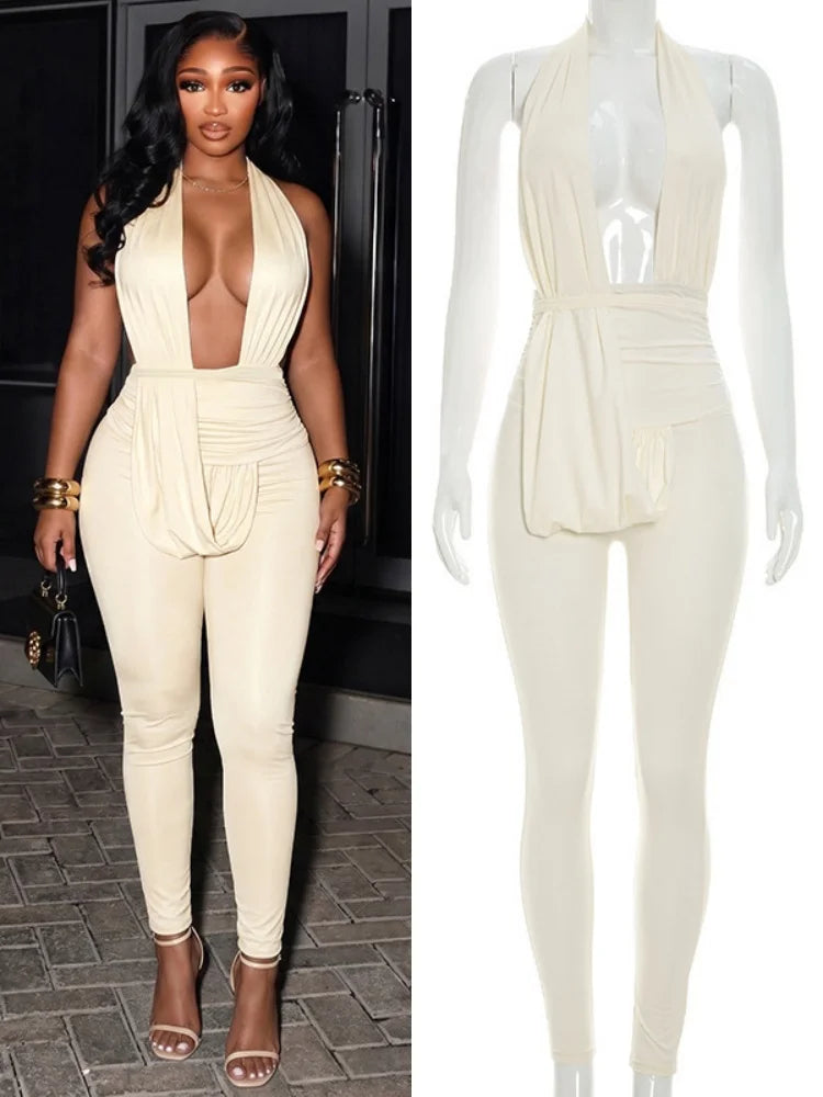 Women's Ruched Backless V-neck Halter Romper - Additional View 8