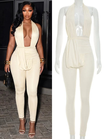 Women's Ruched Backless V-neck Halter Romper - Additional View 8