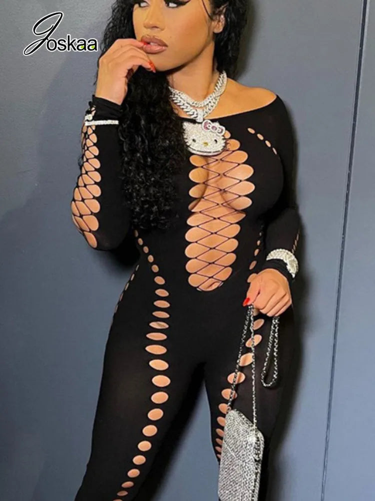 Women's Cutout Long Sleeve Bodycon Romper Black – Back View