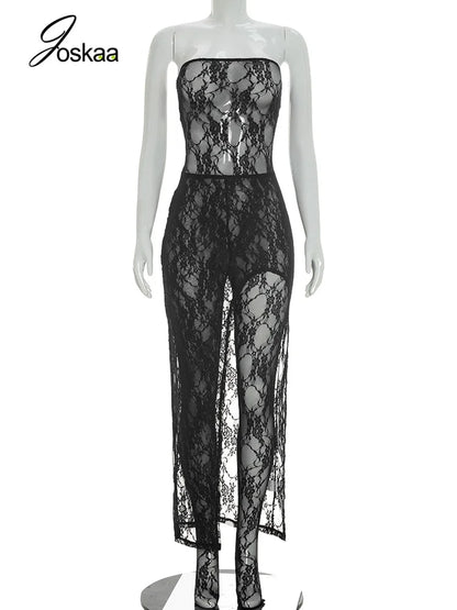 Women's Lace Mesh Strapless Two Piece Set Black – Back View