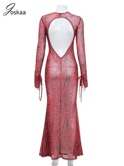 Women's Leopard Print Stripe Mesh Backless Dress Red – Detail View