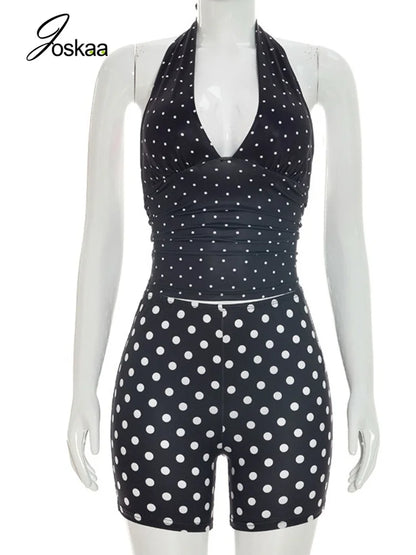 Women's Polka Dot Ruched V-neck Halter Two Piece Set - Back View